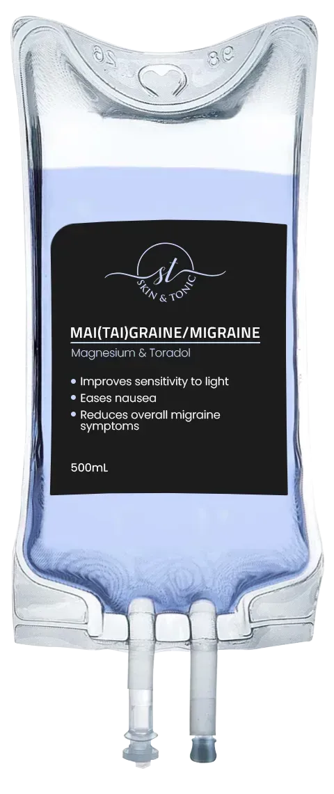 Graphic illustration of the Mai Tai Migraine IV Infusion bag, a signature headache relief and hydration drip cocktail.
