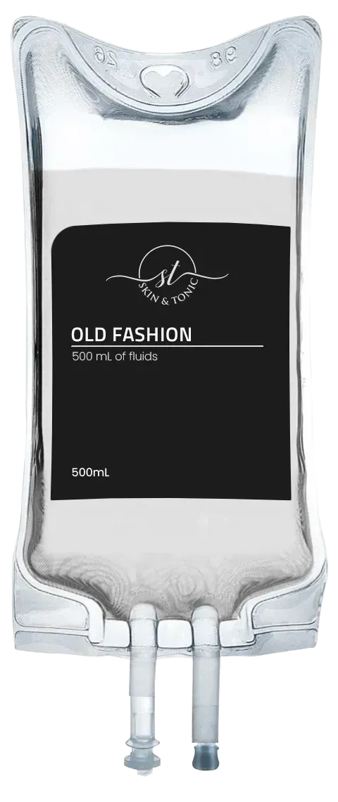 Graphic illustration of the Old Fashion IV Infusion bag, a signature wellness drip cocktail.