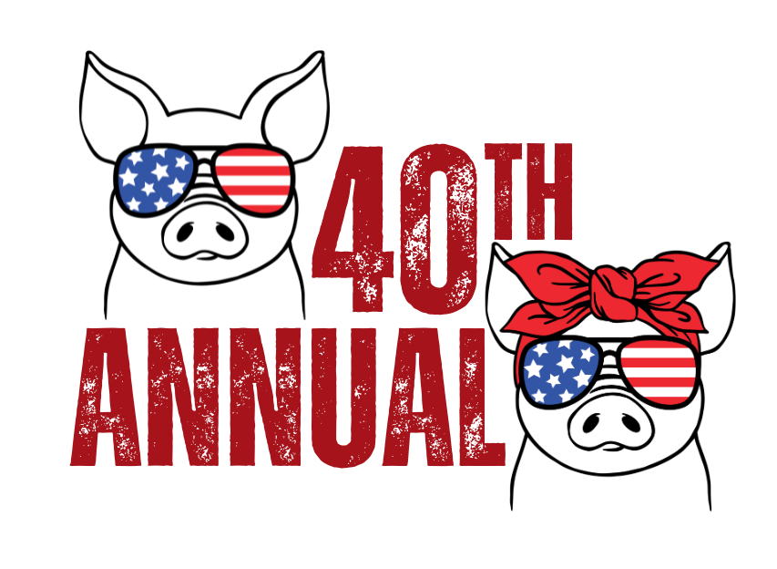 A 40th annual logo with two pigs wearing sunglasses and a red headband.