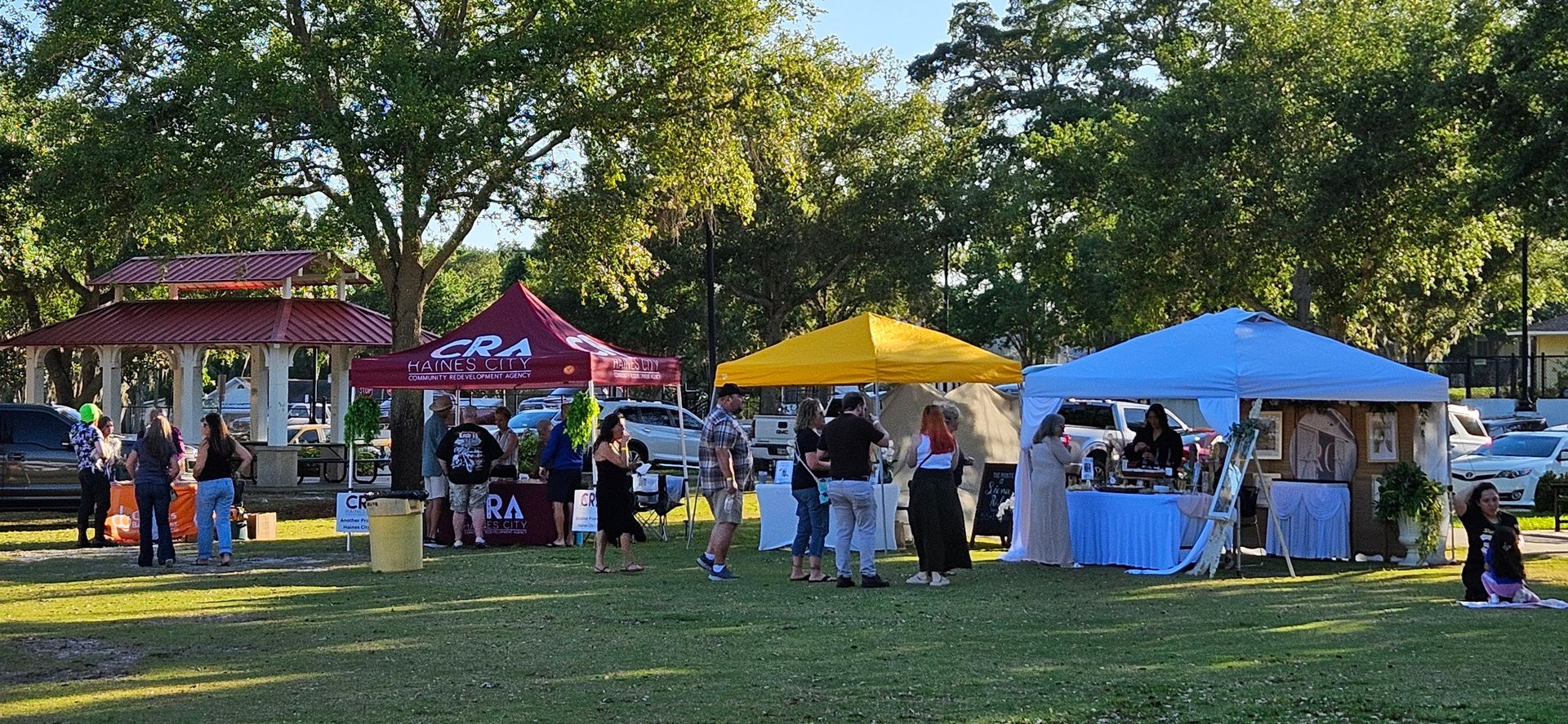 A group of people are standing around tents in a park.