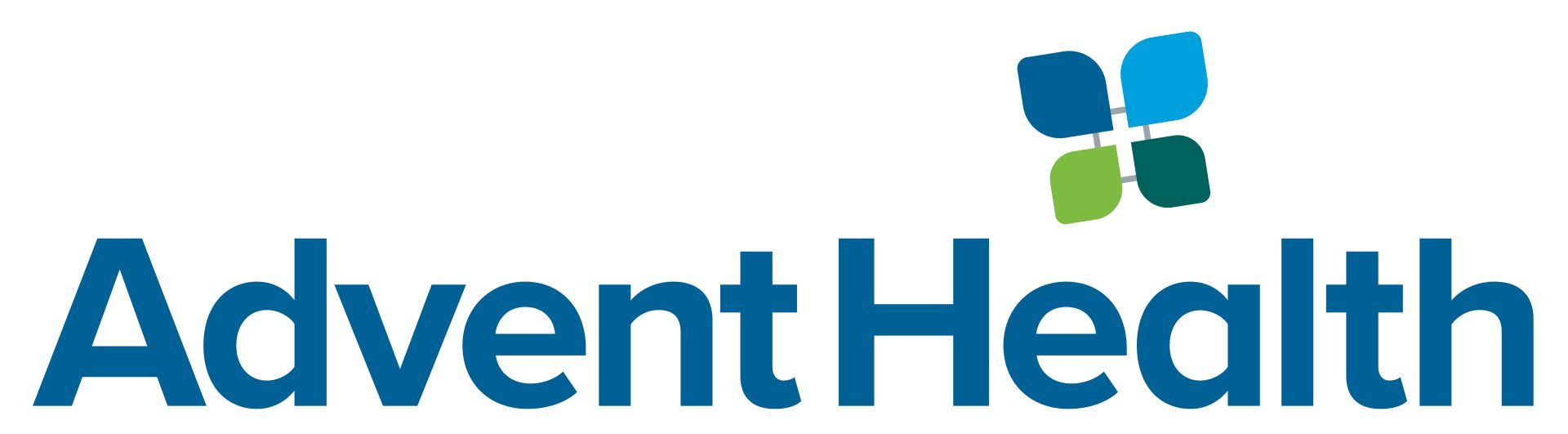 The logo for advent health is blue and green with a flower in the middle.