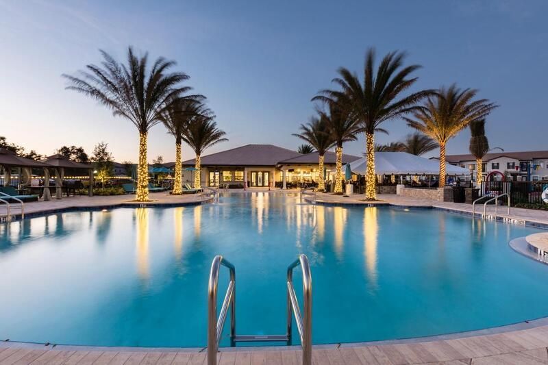 A large swimming pool surrounded by palm trees at night
