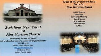 A flyer for a church that says `` book your next event at new horizon church ''