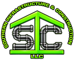 SIC LLC logo with green house roof and metallic letters, “Southern Infrastructure & Construction” around it