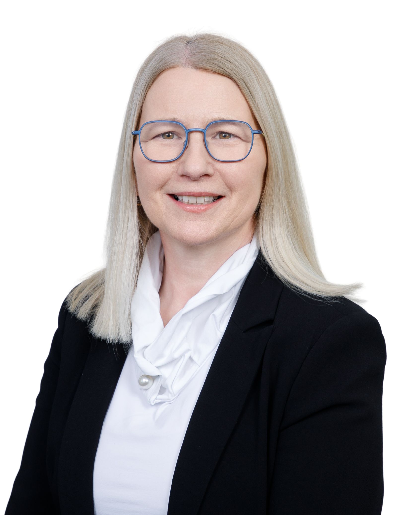 Smiling woman in a black blazer with beige collar on a white background