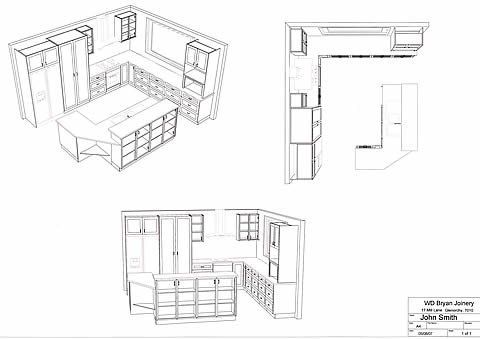 Image representing kitchen renovation services for Northern Suburbs White kitchen cabinet layout shown in three technical sketches with island, corner cabinets, and window.