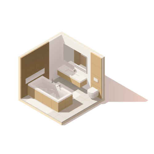 Vector Elegant Bathroom Design — Glenorchy, TAS — WD Bryan Joinery House Isometric bedroom with bed, desk, chair, and toilet in soft beige tones