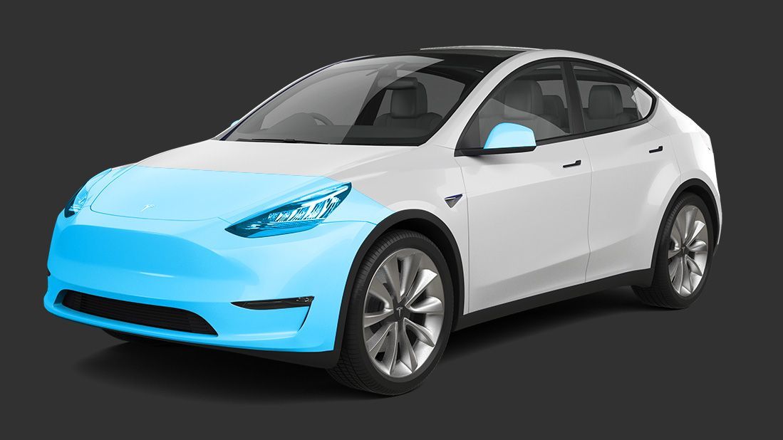 A white tesla model y with a blue outline of the front of the car.