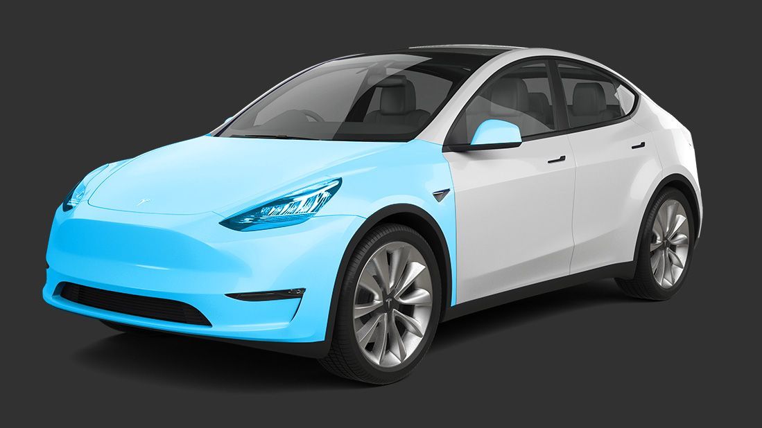 A white tesla model y with a blue stripe on the front.