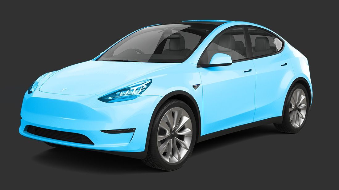 A blue tesla model y is on a black background.