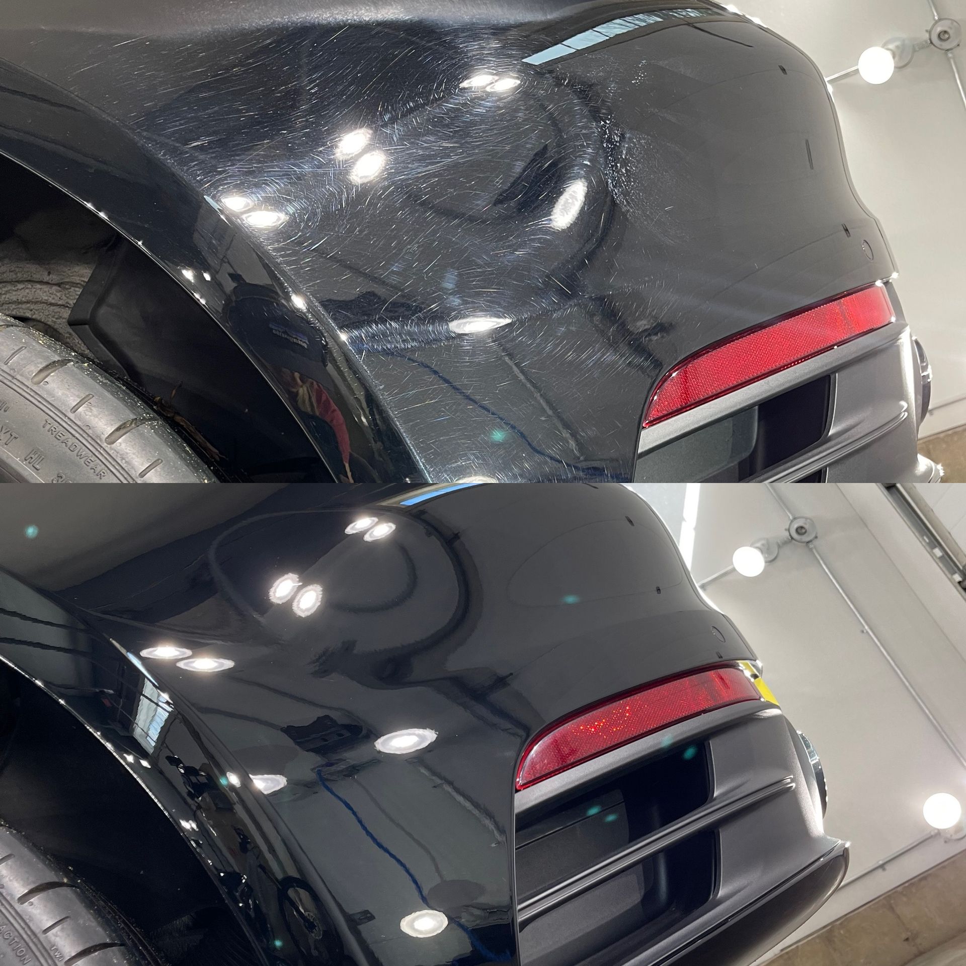 A before and after photo of a black car 's bumper.