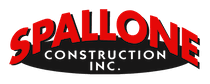A red and black logo for spallone construction inc.