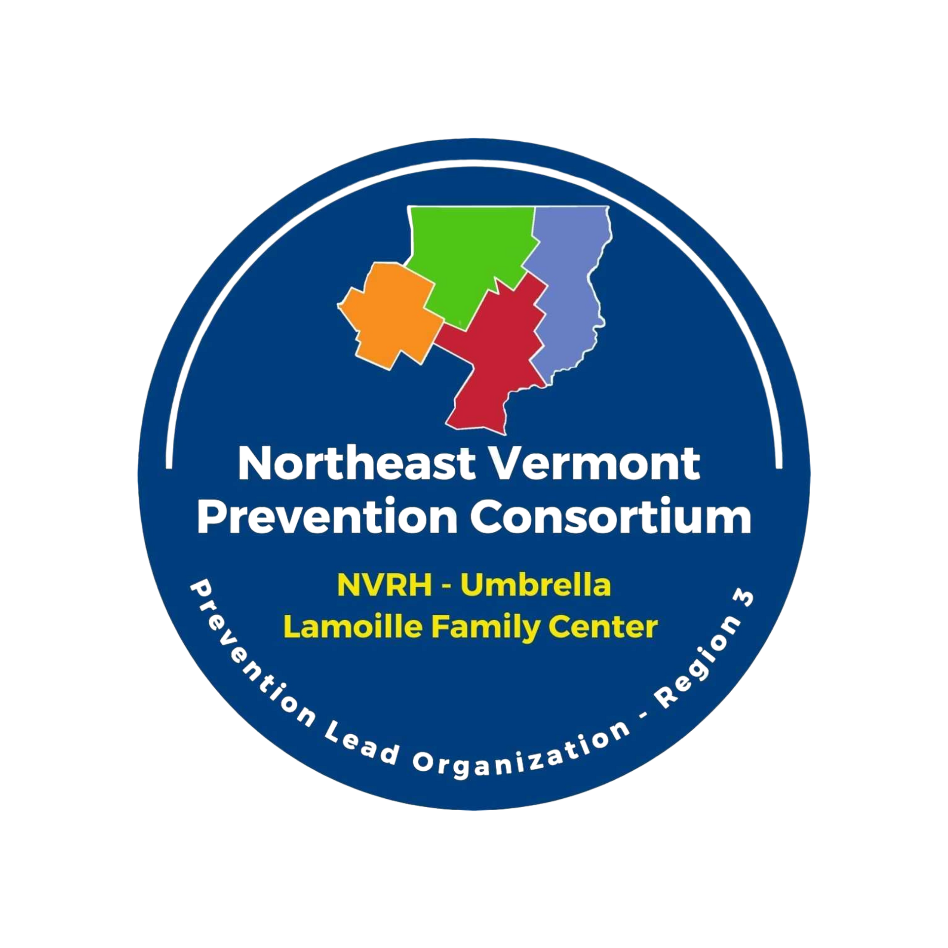 Logo: Northeast Vermont Prevention Consortium, with a map of Vermont regions, blue circle border.