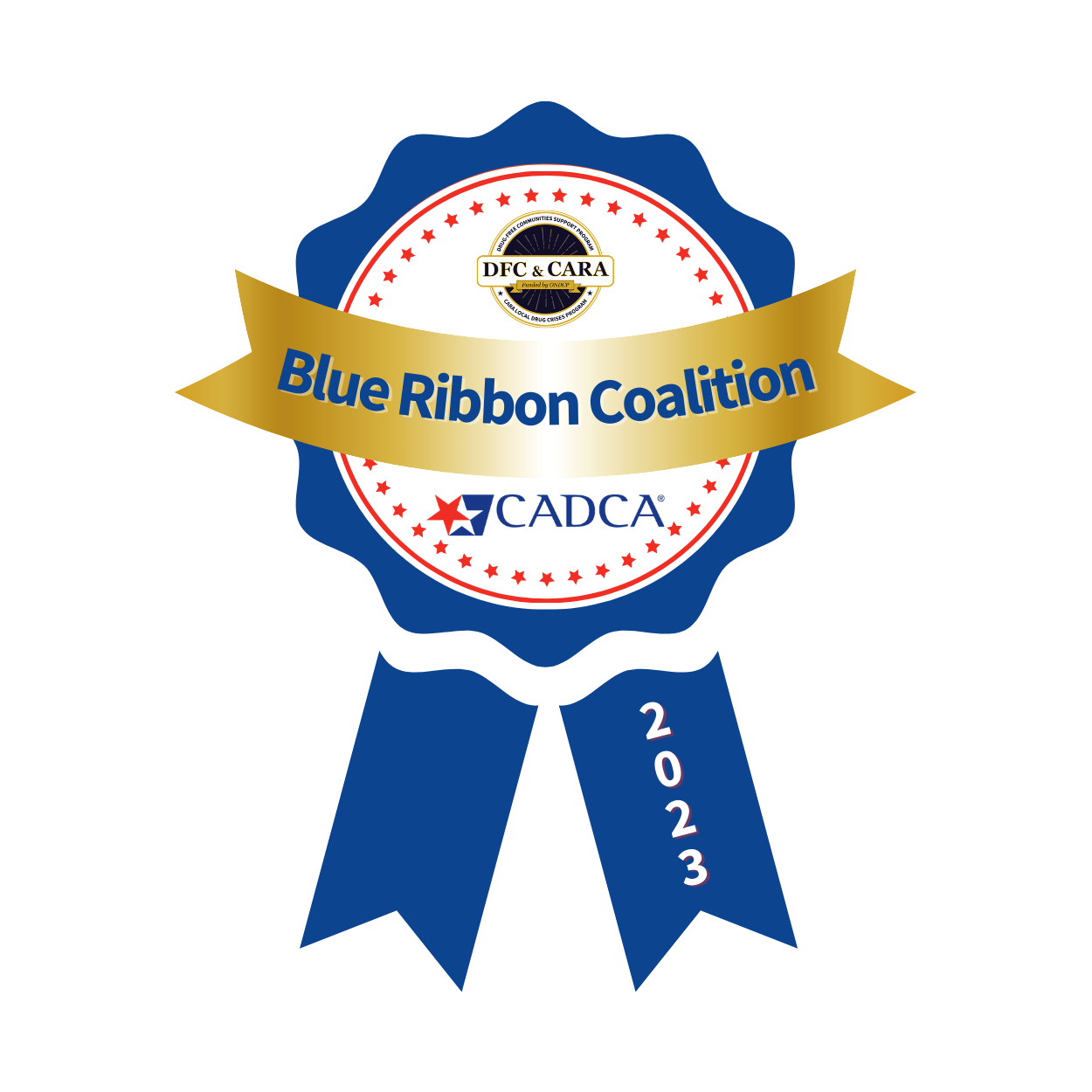 Blue ribbon seal for Blue Ribbon Coalition, 2023, gold banner, white and blue circles with red stars and text.