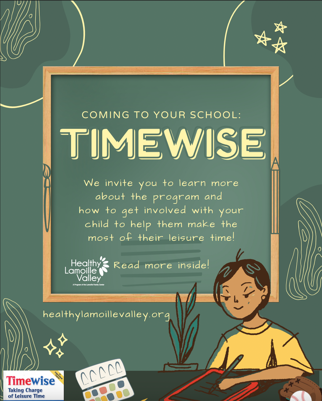 Poster for Timewise program. Includes text, a drawing of a student, and the Health Families Valley logo.
