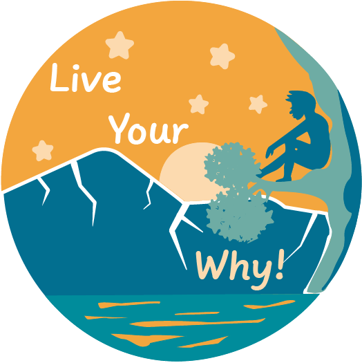 Circle illustration: Person on tree branch overlooking mountain and lake. Text reads