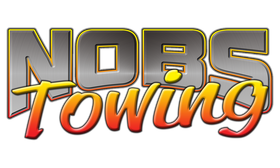 NOBS Towing logo in metallic gray and orange with yellow outline and red shadow