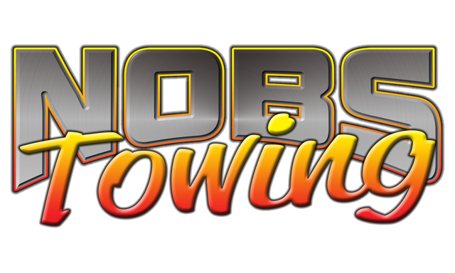 NOBS Towing logo in metallic gray and orange with yellow outline and red shadow