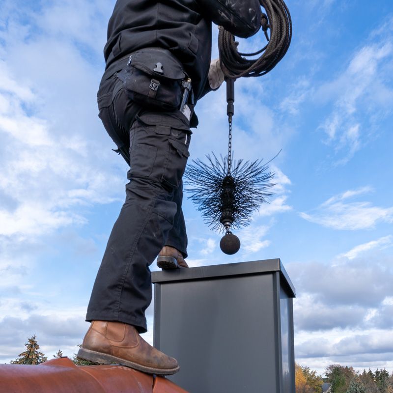 Person on a rooftop using a chimney brush on a gray vent under a cloudy sky.