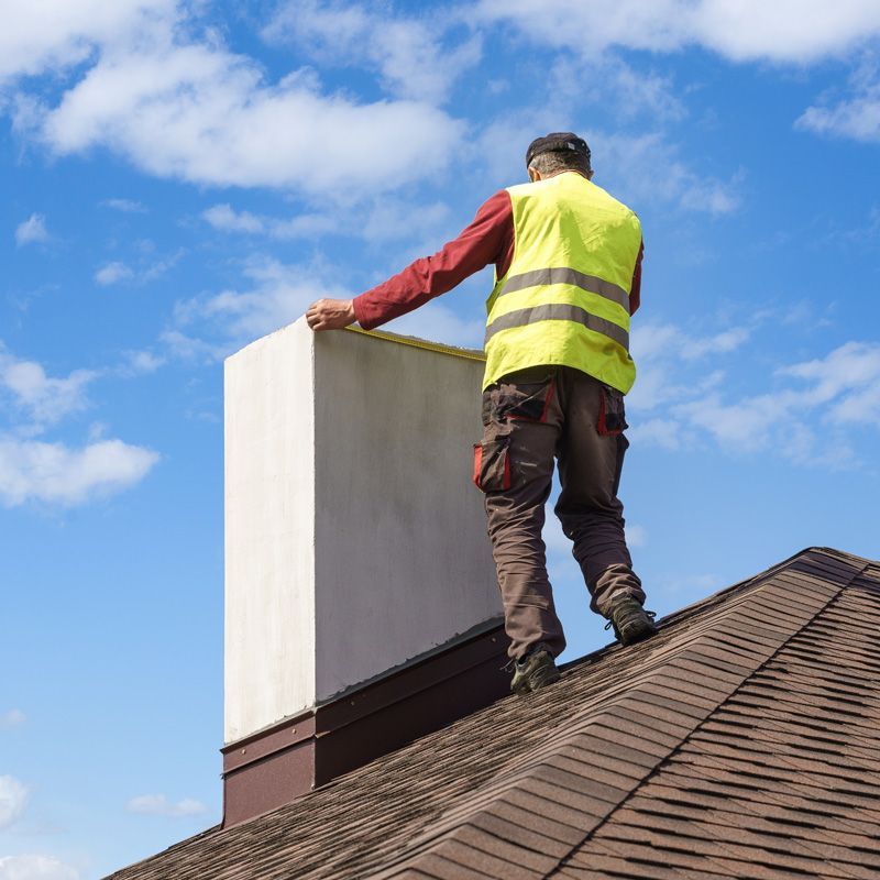 Worker in a neon vest installing a chimney on a shingled roof under a blue sky