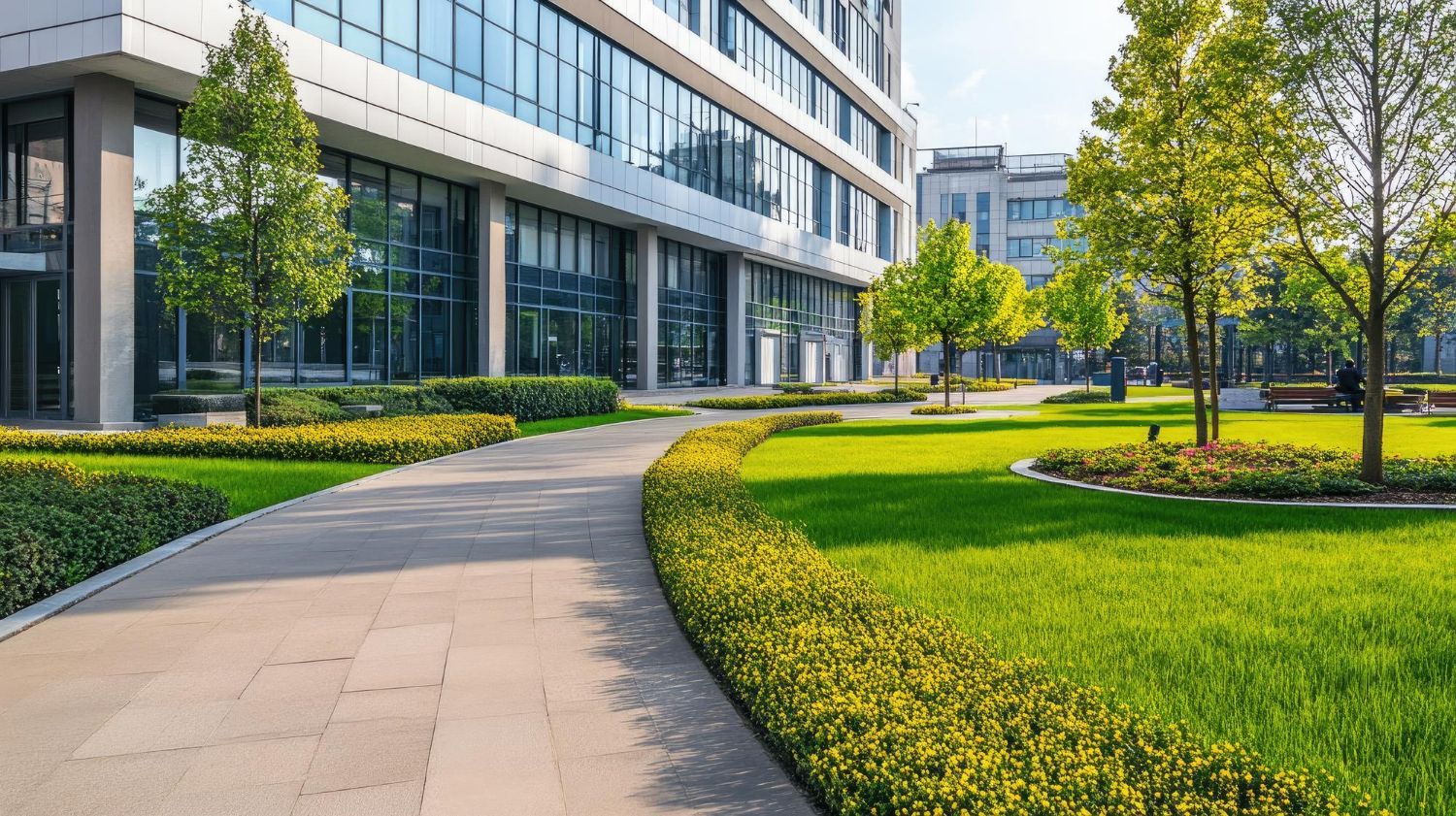 A stone walkway curves past a modern glass office building, lush green lawns, and manicured shrubs on a sunny day.