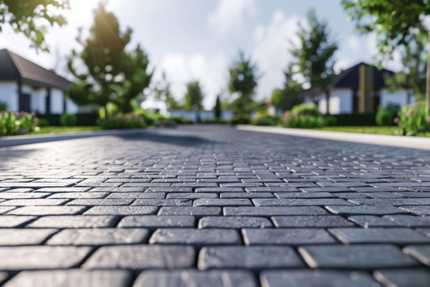 A low-angle view of a grey cobblestone driveway leading toward houses in a blurred, sunny suburban neighborhood.