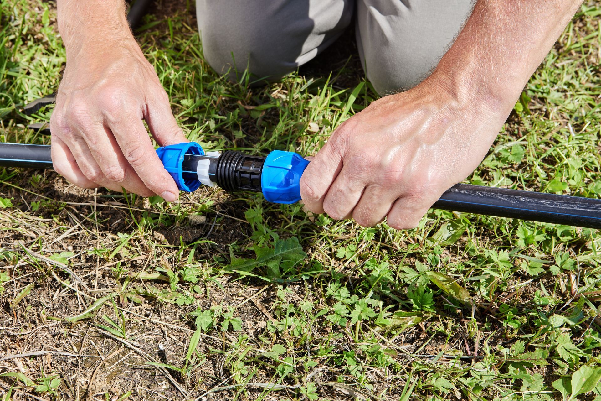Hands connecting a blue hose fitting on a black garden hose in grass