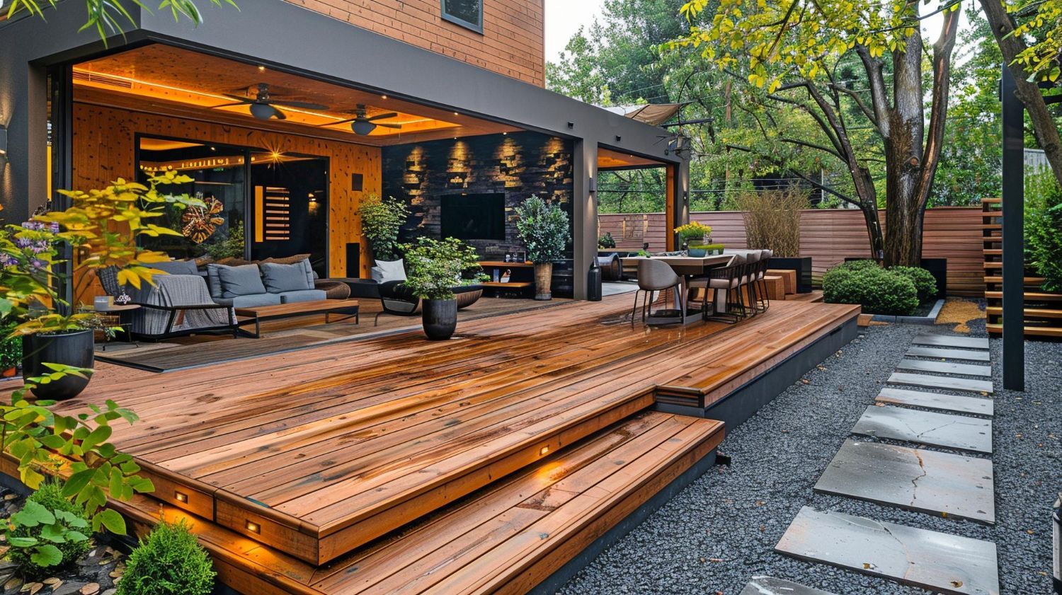 Modern patio with wood decking, outdoor seating, a dining set, ambient lighting, and a stepping stone path on gravel.