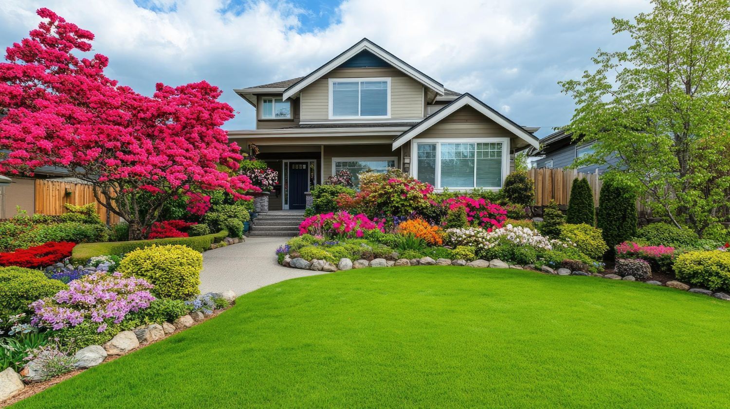 A house with tan siding sits behind a vibrant garden featuring a large, bright pink tree and a manicured green lawn.