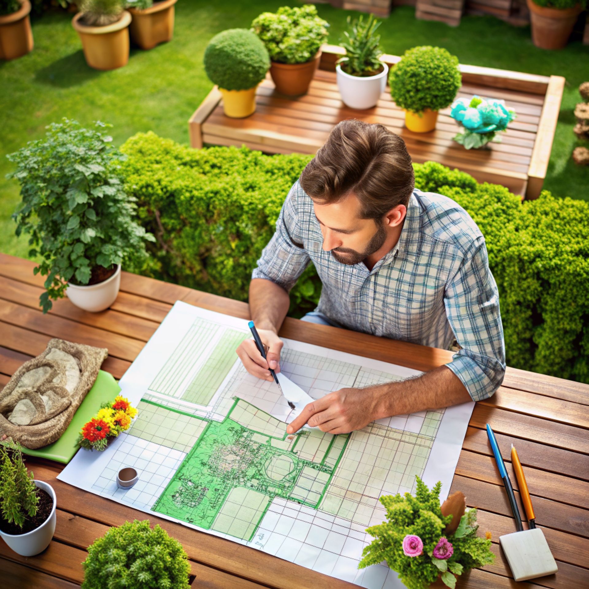 A man is sitting at a table drawing a garden plan.