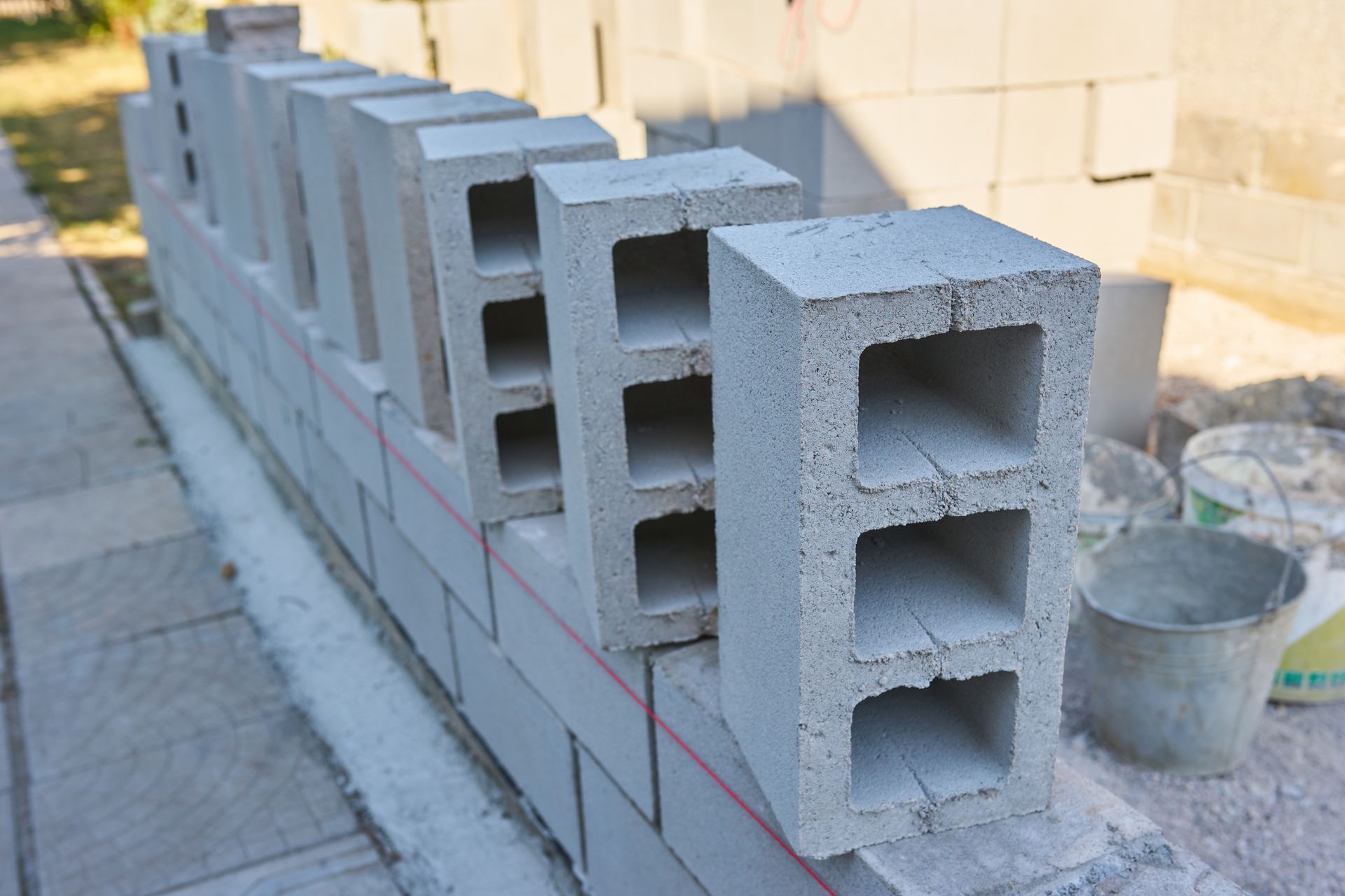 A row of concrete blocks sitting on top of each other on a sidewalk.