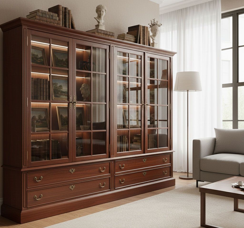 Wooden bookcase with glass doors, illuminated interior, filled with books and sculptures, in a living room.