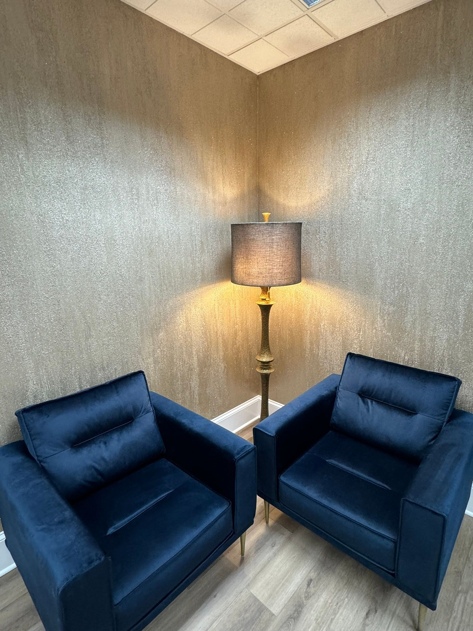 Two navy armchairs beside a floor lamp in a small textured-walled corner seating area