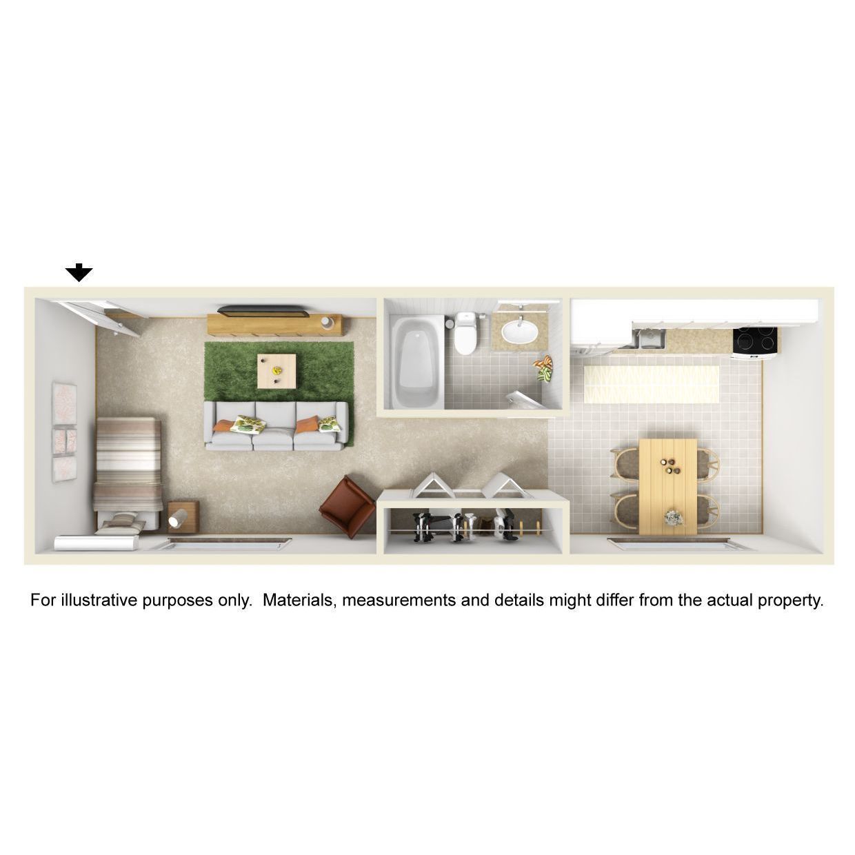 An aerial view of a living room , dining room , and bathroom.