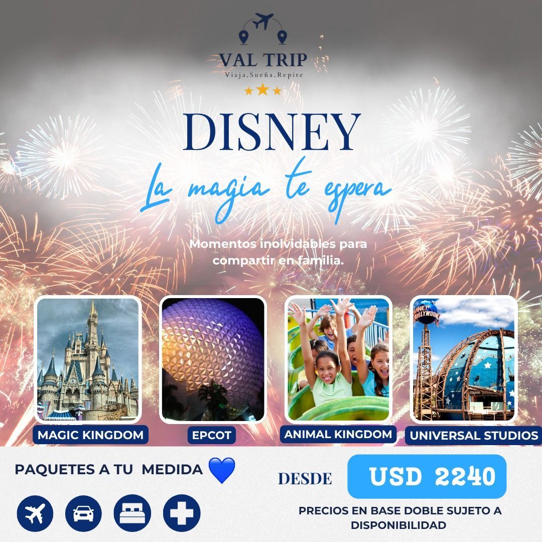 Promoción de viajes de Disney con fuegos artificiales, castillo, iconos del parque y precio en USD 249.