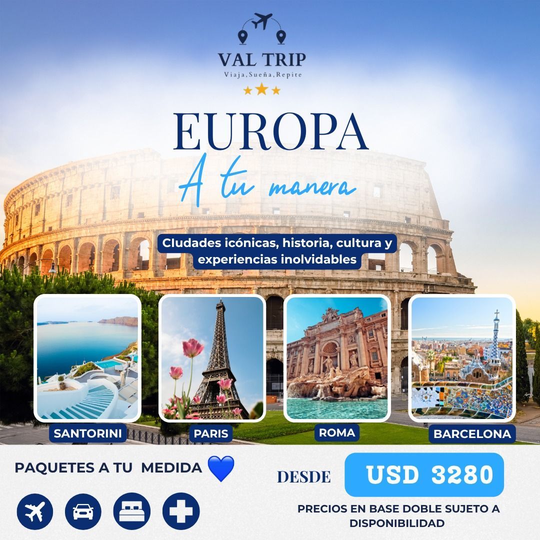 Anuncio de viajes por Europa: Coliseo de Roma, Santorini, París y Barcelona, ​​con “Europa a tu manera” y 280 USD.