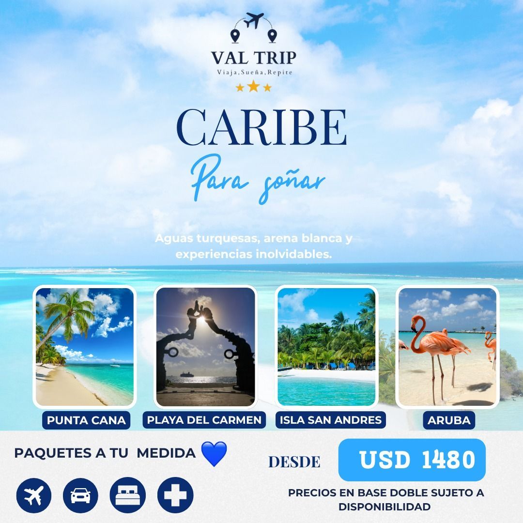 Travel ad for Caribe: Punta Cana, Playa del Carmen, Isla San Andrés and Aruba, from USD 1480