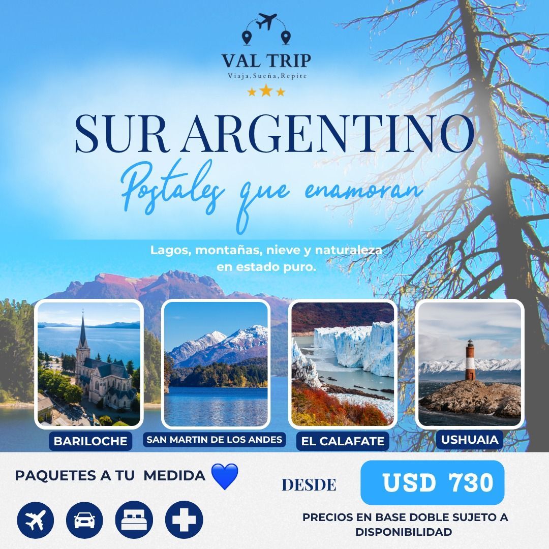 Paquete turístico “Sur Argentino” con fotos de Bariloche, San Martín de los Andes, El Calafate y Ushuaia, desde USD 730