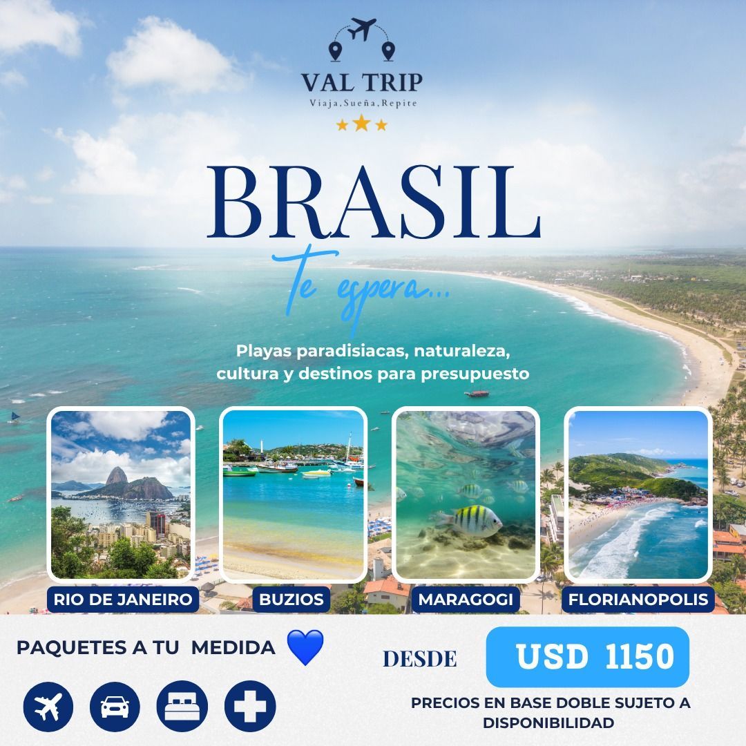 Anuncio turístico de Brasil con collage de playas, nombres de resorts y precios desde USD 1150.