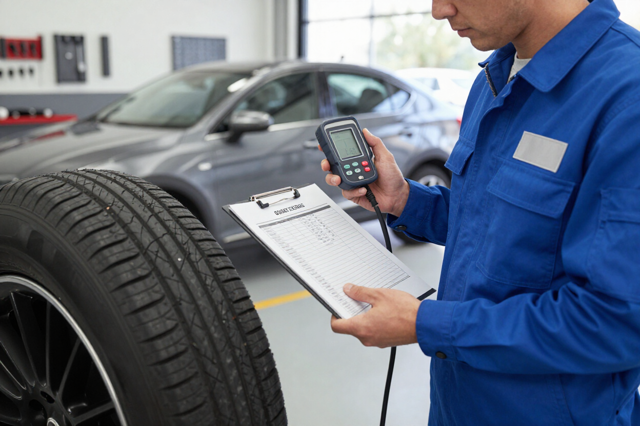 Mecánico con uniforme azul inspeccionando un neumático de coche con un portapapeles y un manómetro.