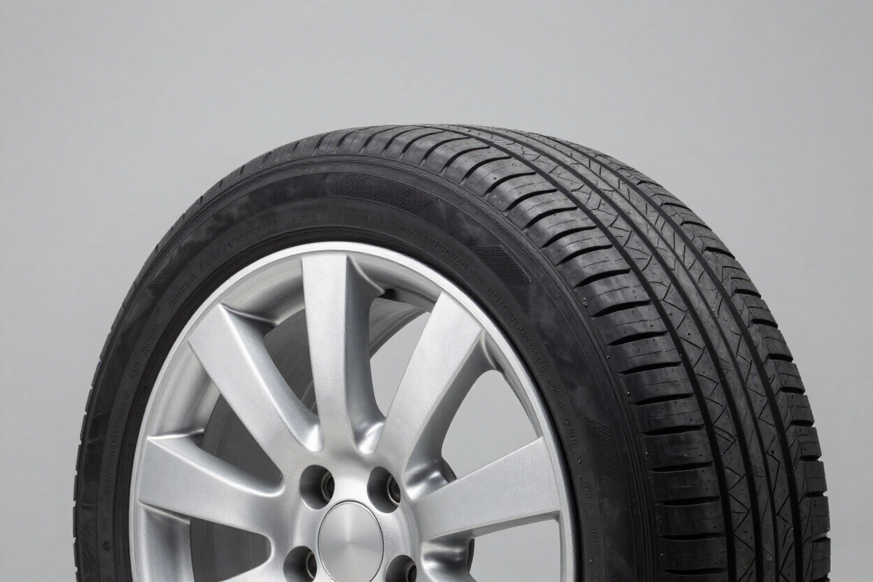 Primer plano de una rueda de coche plateada y un neumático negro sobre un fondo gris claro.