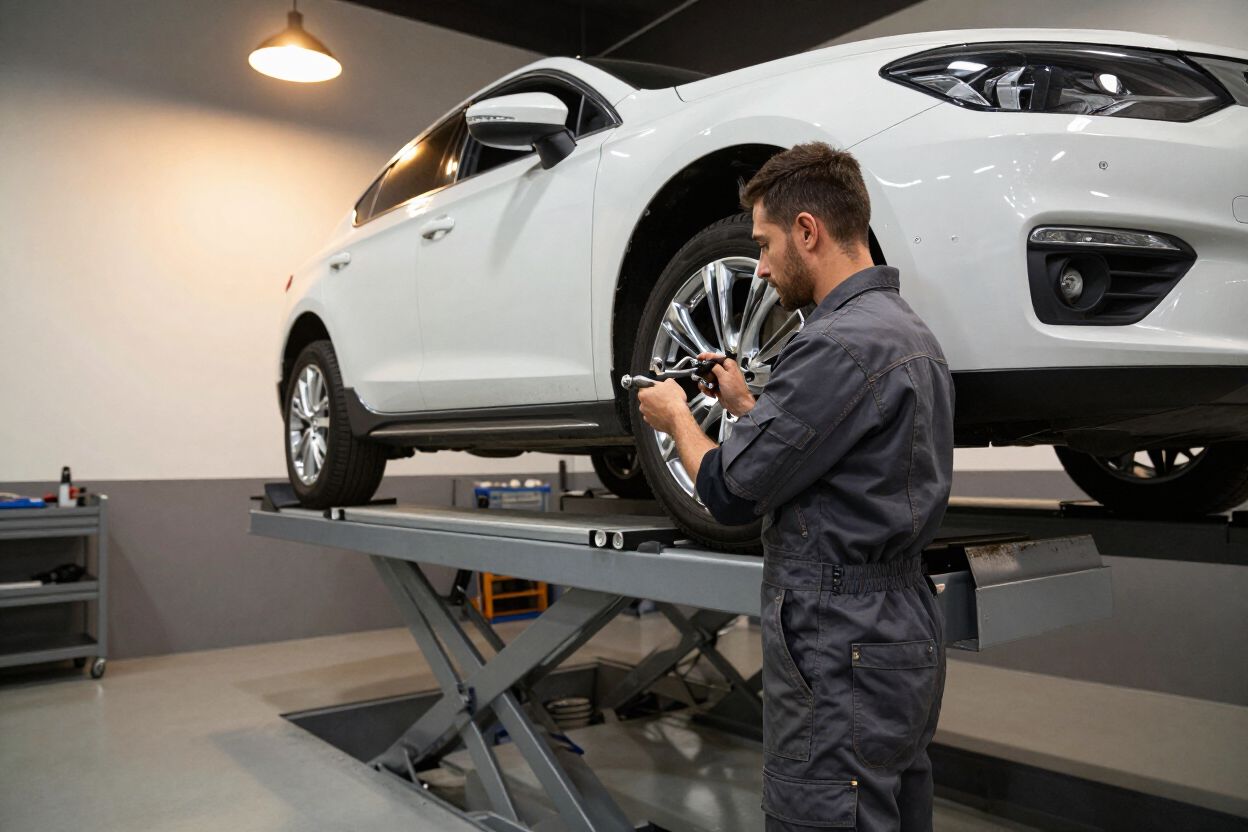 Mecánico inspeccionando un coche blanco elevado en un elevador en un taller de reparación de automóviles.