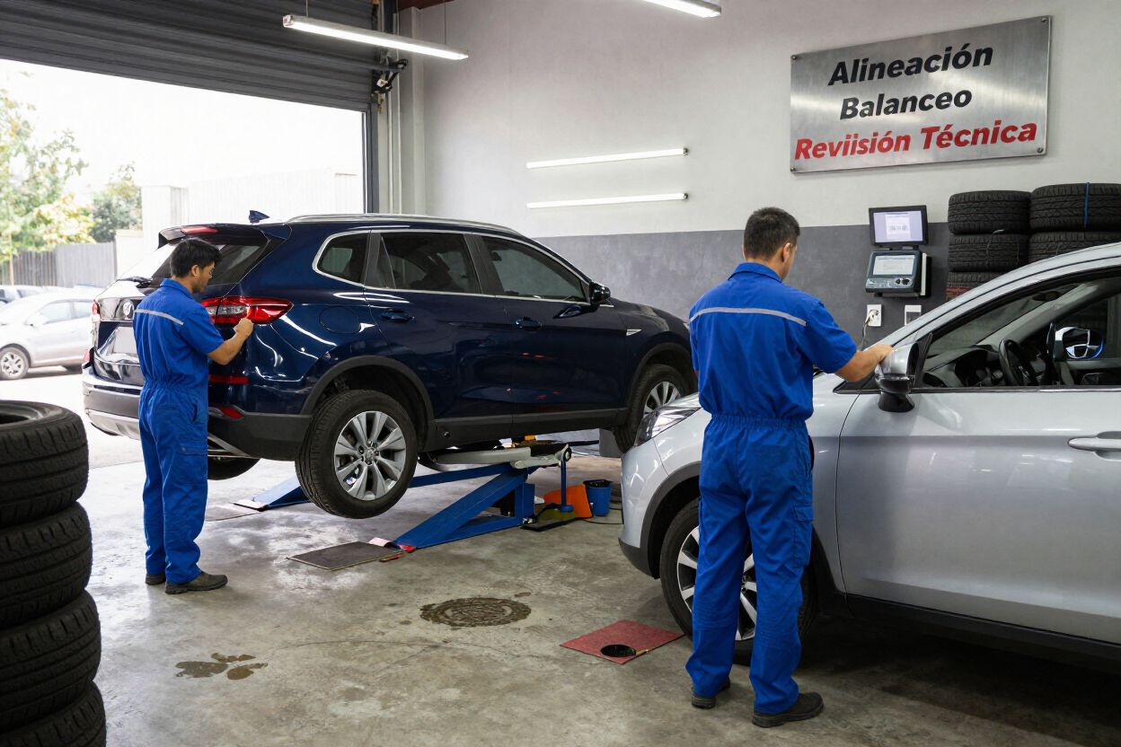 Mecánicos con monos azules dan servicio a un SUV oscuro y a un sedán plateado en un taller de reparación de automóviles.
