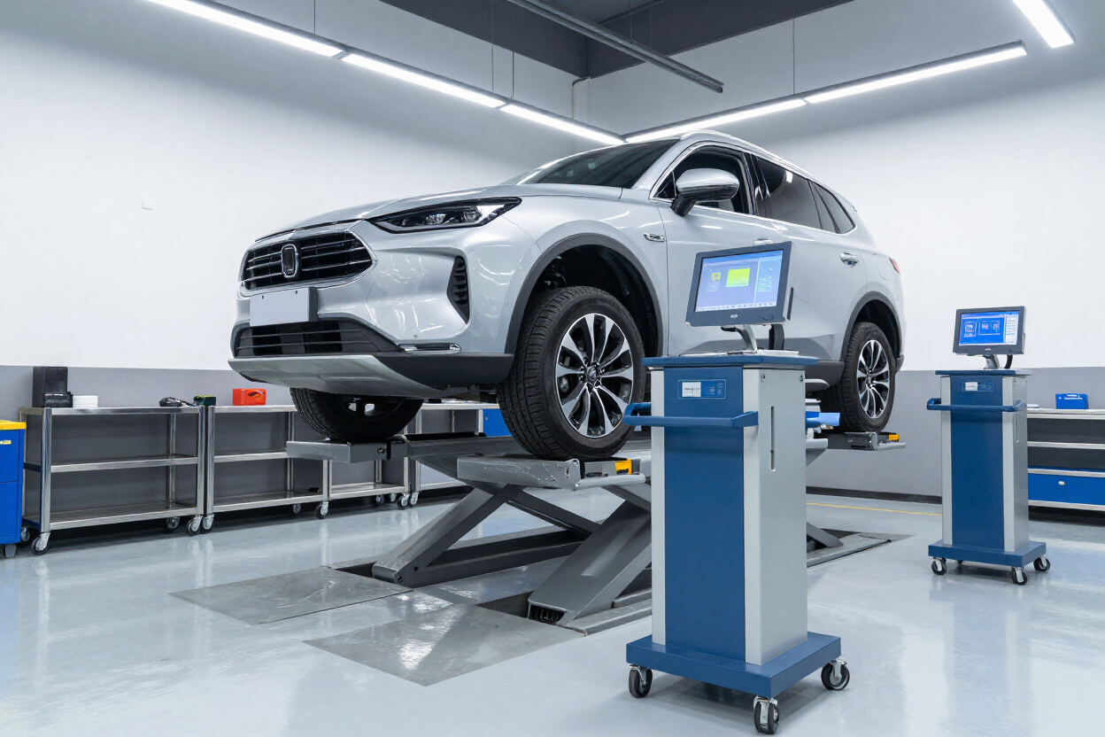 SUV blanco sobre un elevador de vehículos en un taller mecánico limpio con equipo de alineación.