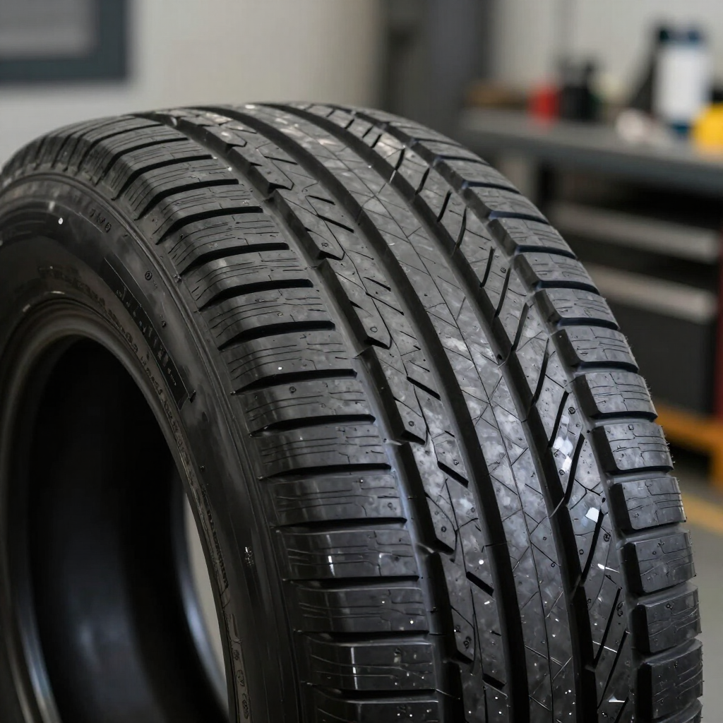 Primer plano de un neumático de coche negro nuevo con banda de rodadura profunda, mostrado en un garaje.