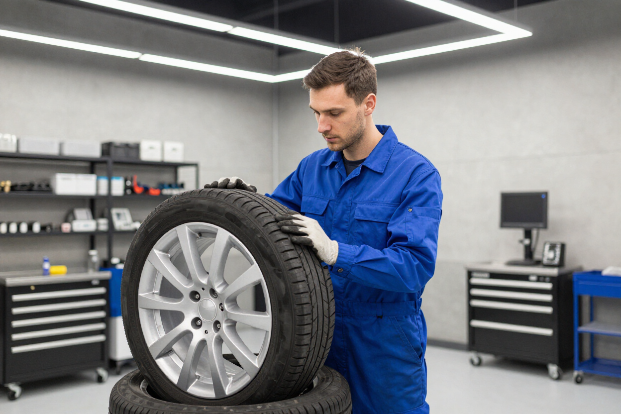 Mecánico con mono azul inspeccionando un neumático en un taller de reparación de automóviles.