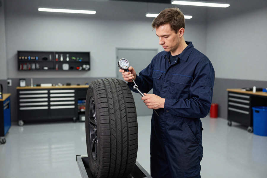Mecánico inspeccionando la banda de rodadura de un neumático con un medidor en un taller de reparación de automóviles.