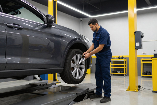 Mecánico inspeccionando la rueda de un coche gris en un elevador en un taller de reparación de automóviles.