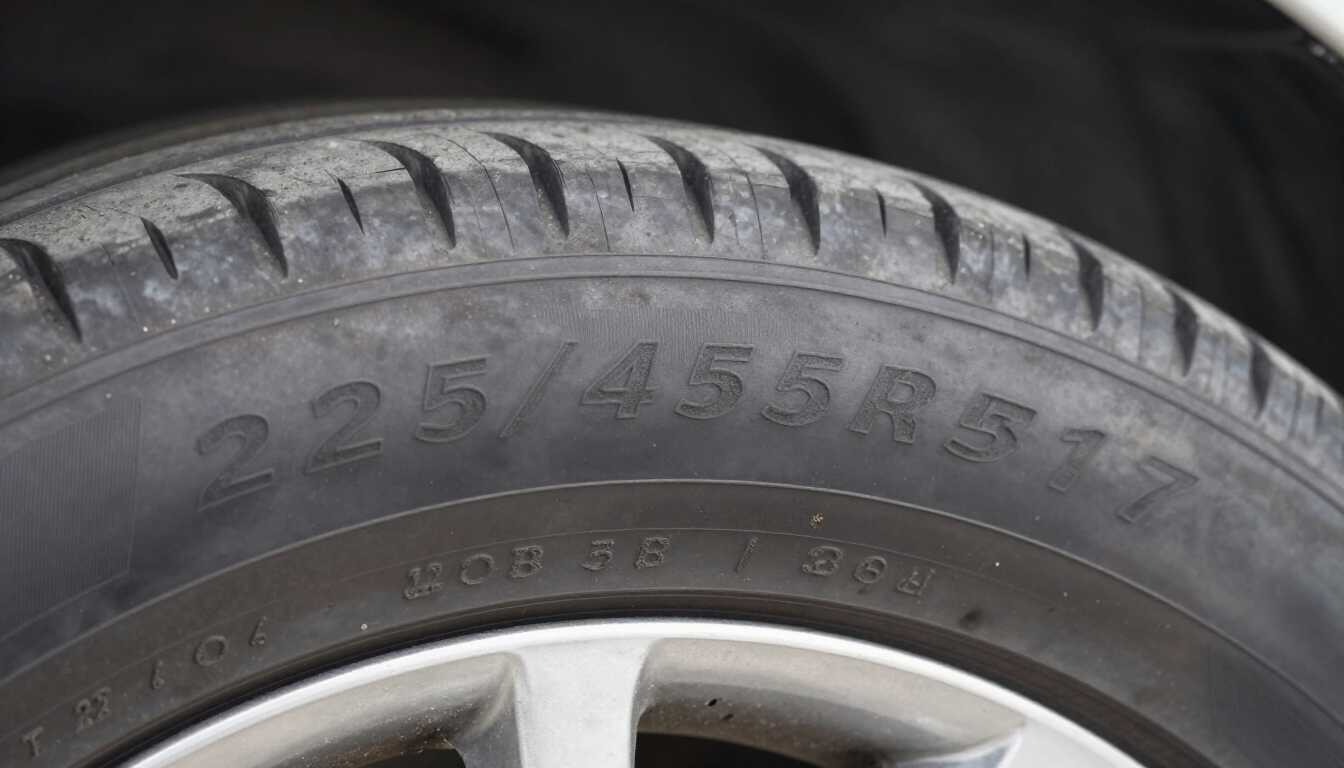 Primer plano de un neumático y una llanta de automóvil, con las marcas del tamaño del neumático visibles en el flanco.