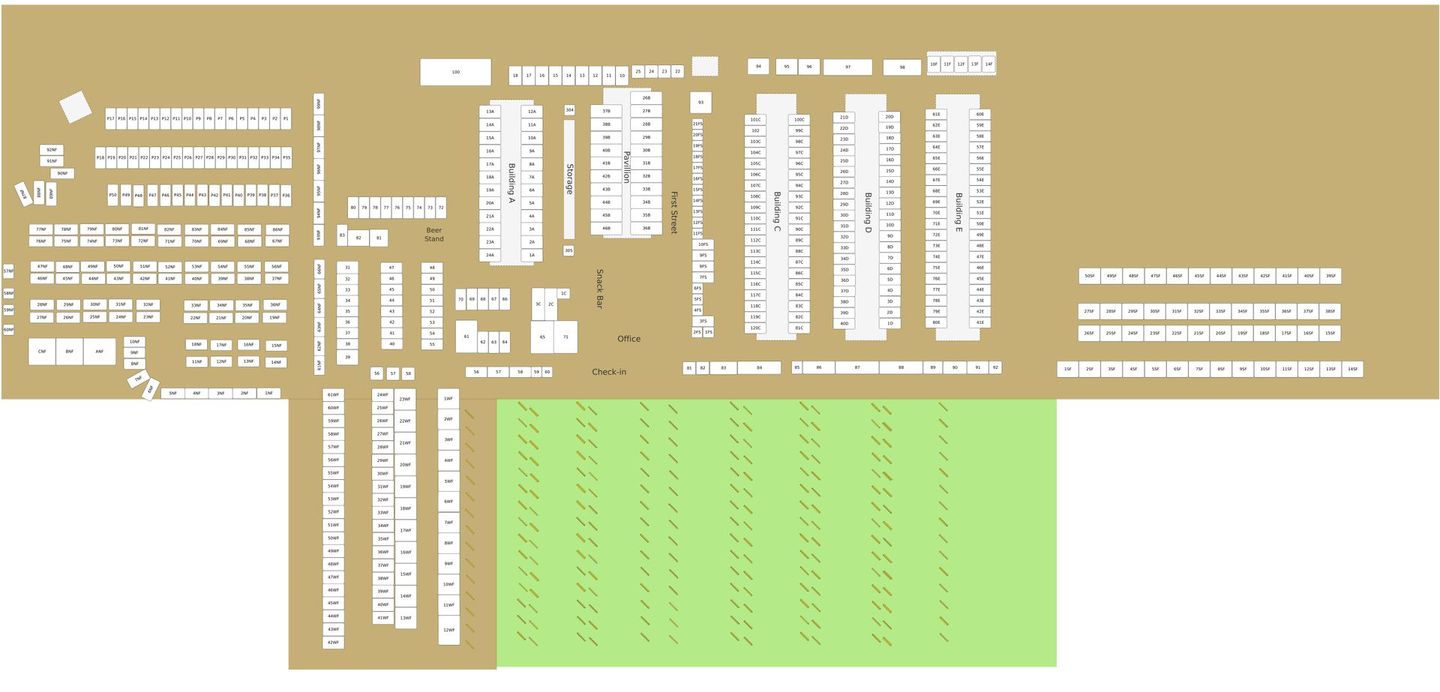 Garage sale map: fields labeled with categories, parking along Ortiz Avenue.